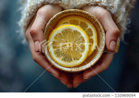 Hands holding warm cup of tea with lemon Hands holding warm cup of tea with lemon 110969094