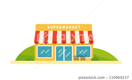 Supermarket vector illustration in flat style.Shopping cart trolley standing Store.Storefront with nature scene 110969237