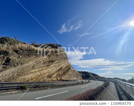 Important geological cross section of Izu Oshima and road around the island 110969370