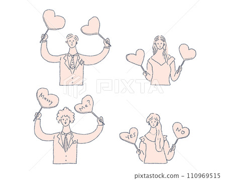 男人和女人拿著心臟面板,求婚,情侶 男人和女人拿著心臟面板,求婚,情侶 110969515