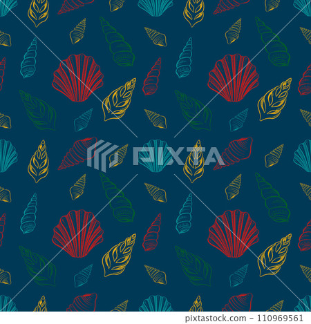 Seamless pattern with multi-colored shells on a blue background. Seamless pattern with multi-colored shells on a blue background. 110969561