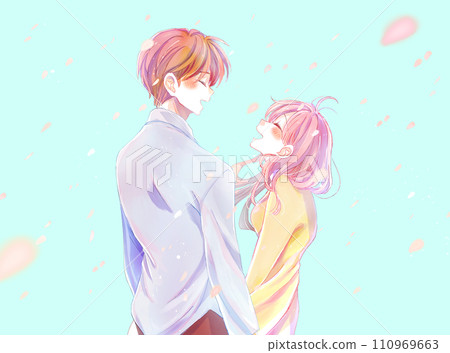 一對男女面對面相擁而笑的櫻吹雪 110969663