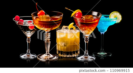Set and collection of classic alcohol cocktails or mocktail isolated on white background with fresh summer fruits 110969915