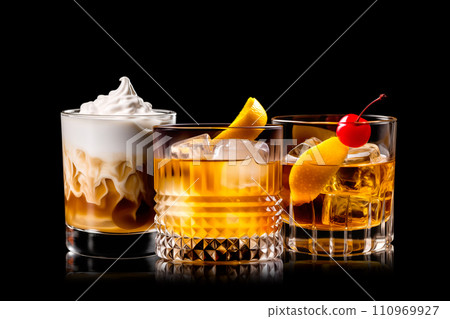 Set and collection of classic alcohol cocktails or mocktail isolated on white background with fresh summer fruits 110969927