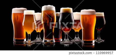 Set of Beer glasses on a black background. Mugs with drink like Ipa, Pale Ale, Pilsner, Porter or Stout 110969957