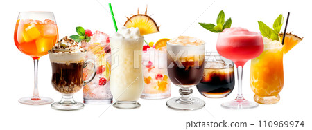 Set and collection of classic alcohol cocktails or mocktail isolated on white background with fresh summer fruits 110969974