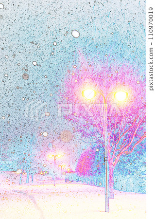 柔和的風格“北海道黃昏時路燈照亮的雪長廊”插圖圖像 柔和的風格“北海道黃昏時路燈照亮的雪長廊”插圖圖像 110970019
