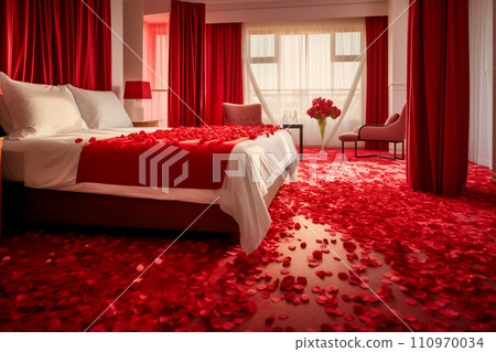 Red rose petals on bed in hotel bedroom, Valentine's day concept 110970034