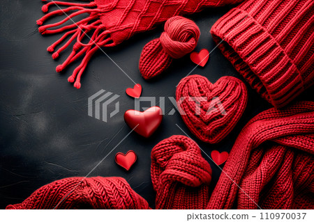 Red knitted scarf, hearts and snowflakes on black wooden background 110970037
