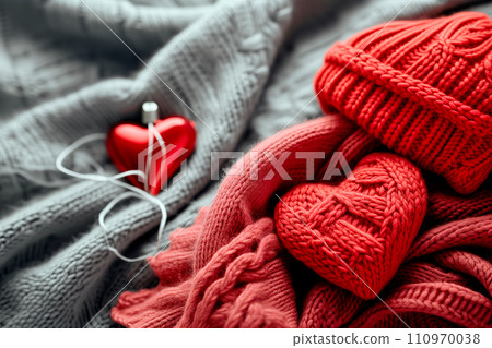 Red knitted scarf, hearts and snowflakes on black wooden background Red knitted scarf, hearts and snowflakes on black wooden background 110970038