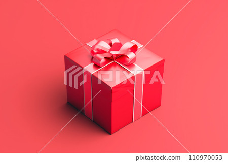 Mystery gift box with ribbon on solid bold background. Isometric view of present or giftbox with bow, 110970053