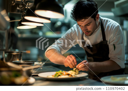 Chef Garnishing a Gourmet Dish in Kitchen Chef Garnishing a Gourmet Dish in Kitchen 110970402
