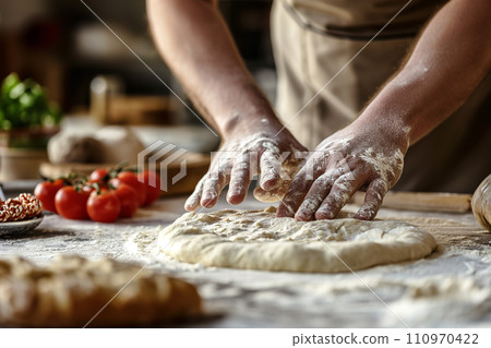 Bakery Chef's Hands Kneading Dough for Homemade Pizza and Pasta 110970422