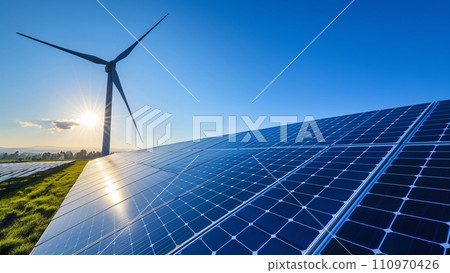 Clean Energy and Sustainable Technology: Solar Panels and Wind Turbine 110970426