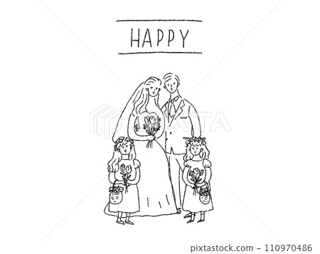 新娘和新郎擁抱和花童，婚禮，畫線 110970486