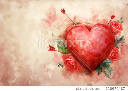 Romantic Hand-Drawn Watercolor Heart Background for Valentine's Day 110970487