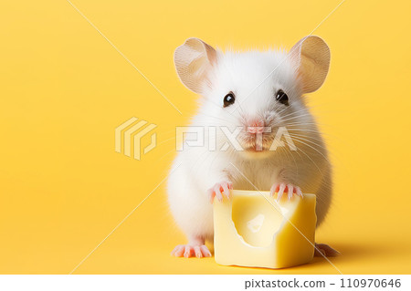 Charming white mouse with a delicious piece of cheese on vibrant yellow background 110970646