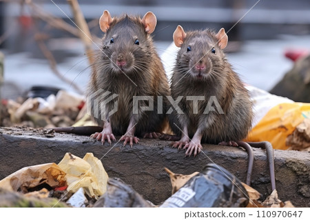 Urban rats foraging and perching on heaps of discarded waste in the thriving cityscape Urban rats foraging and perching on heaps of discarded waste in the thriving cityscape 110970647
