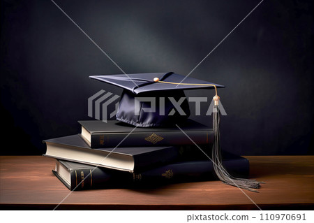 Three books and black graduation cap on dark background table, education and achievement concept 110970691