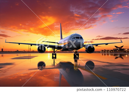 Dynamic shot of a commercial jet airplane departing from a busy international airport runway Dynamic shot of a commercial jet airplane departing from a busy international airport runway 110970722