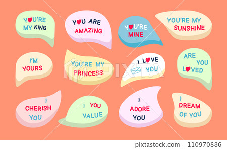 Conversation bubbles for lovers on a peach background. Stickers with love phrases and hearts. Flat vector illustration Conversation bubbles for lovers on a peach background. Stickers with love phrases and hearts. Flat vector illustration 110970886
