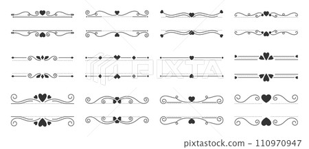 Hearts border divider black line silhouette glyph set. Editable stroke curved frame border love vintage decorative separator arrow geometric Valentines day wedding romantic swirl ornate page isolated Hearts border divider black line silhouette glyph set. Editable stroke curved frame border love vintage decorative separator arrow geometric Valentines day wedding romantic swirl ornate page isolated 110970947