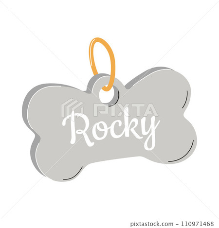 A personalized pet tag. A bone-shaped tag with an address and a name for dogs. A simple flat vector illustration isolated on a white background. 110971468