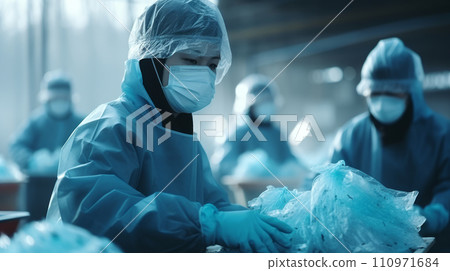 Healthcare workers in protective gear meticulously sort through recyclable waste at a medical recycling facility, highlighting environmental responsibility. 110971684