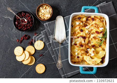 pineapple sweet casserole in baking dish, top view 110972621