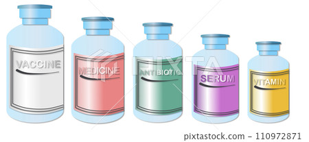 Group of vials containing vaccines, medicine, serum, antibiotics, vitamins Group of vials containing vaccines, medicine, serum, antibiotics, vitamins 110972871