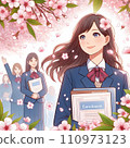 Illustration set of girls and cherry blossoms attending the graduation ceremony 110973123