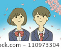 Male and female students looking up at the blue sky under the cherry blossoms 110973304
