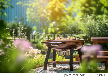 Summertime in backyard with grill BBQ and blurred background. AI content 110973921