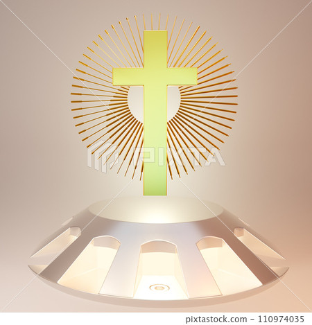Holy cross near luminous stand with decorative elements against brown backdrop Holy cross near luminous stand with decorative elements against brown backdrop 110974035