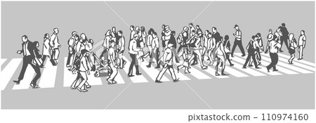 Line art illustration of busy street crossing in black and white 110974160