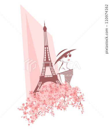 beautiful elegant woman with flowers and eiffel tower - spring Paris vector portrait beautiful elegant woman with flowers and eiffel tower - spring Paris vector portrait 110974162
