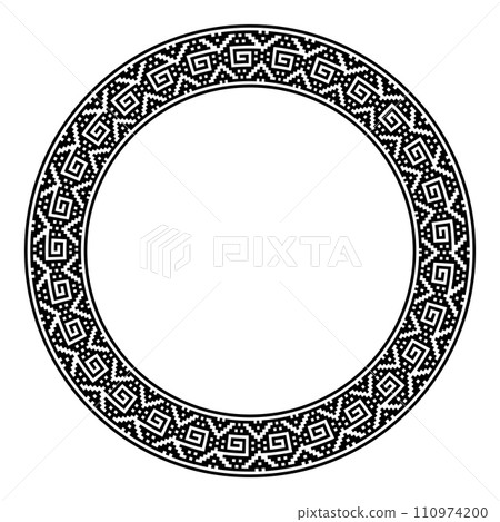 Stepped spiral motif, circle frame. Decorative circular border, in ancient stepped Inca style with angular spirals. Black and white illustration, isolated on white background. Vector. 110974200