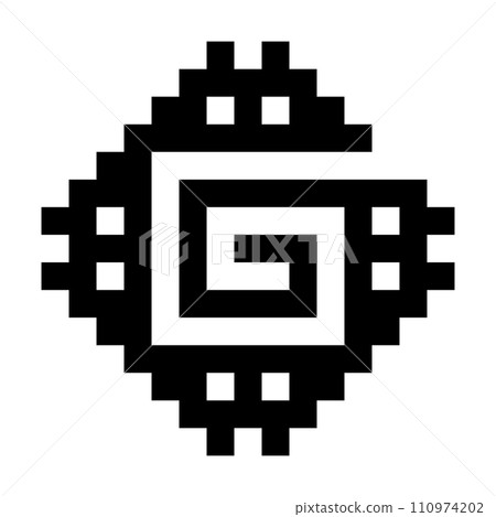 Inca stepped spiral motif. Stepped fret symbol. Squares forming a diamond shape, with an angular spiral in the center. Black and white illustration, isolated on white background. Vector. 110974202