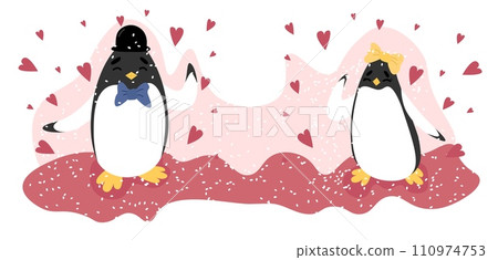 Valentine day vector illustration of two penguins in love on pink background with hearts flying around. Valentine day vector illustration of two penguins in love on pink background with hearts flying around. 110974753