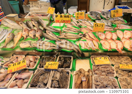 Fish shop front, fish market selection 110975101