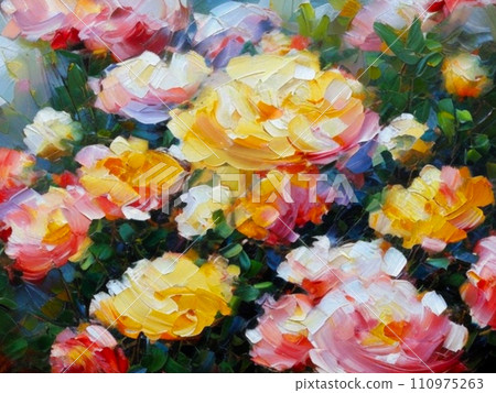 Oil flowers. Beautiful delicate feminine colored spring or summer flowers close-up, generated by AI. Bouquet of flowers. Flowers in a flowerbed. Postcard, congratulations to woman. Peonies and roses Oil flowers. Beautiful delicate feminine colored spring or summer flowers close-up, generated by AI. Bouquet of flowers. Flowers in a flowerbed. Postcard, congratulations to woman. Peonies and roses 110975263