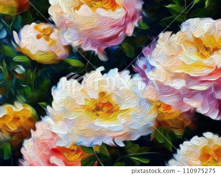 Oil flowers. Beautiful delicate feminine colored spring or summer flowers close-up, generated by AI. Bouquet of flowers. Flowers in a flowerbed. Postcard, congratulations to woman. Peonies and roses Oil flowers. Beautiful delicate feminine colored spring or summer flowers close-up, generated by AI. Bouquet of flowers. Flowers in a flowerbed. Postcard, congratulations to woman. Peonies and roses 110975275