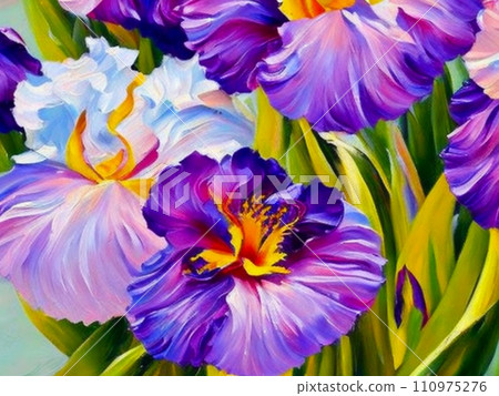 Oil flowers. Beautiful delicate feminine multi-colored spring or summer flowers close-up generated by AI. Bouquet of flowers. Flowers in a flowerbed. Postcard, congratulations to a woman. Iris flower Oil flowers. Beautiful delicate feminine multi-colored spring or summer flowers close-up generated by AI. Bouquet of flowers. Flowers in a flowerbed. Postcard, congratulations to a woman. Iris flower 110975276