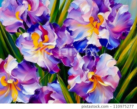 Oil flowers. Beautiful delicate feminine multi-colored spring or summer flowers close-up generated by AI. Bouquet of flowers. Flowers in a flowerbed. Postcard, congratulations to a woman. Iris flower Oil flowers. Beautiful delicate feminine multi-colored spring or summer flowers close-up generated by AI. Bouquet of flowers. Flowers in a flowerbed. Postcard, congratulations to a woman. Iris flower 110975277