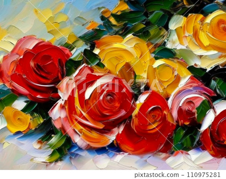 Oil flowers. Beautiful delicate feminine colored spring or summer flowers close-up, generated by AI. Bouquet of flowers. Flowers in a flowerbed. Postcard, congratulations to woman. Peonies and roses Oil flowers. Beautiful delicate feminine colored spring or summer flowers close-up, generated by AI. Bouquet of flowers. Flowers in a flowerbed. Postcard, congratulations to woman. Peonies and roses 110975281