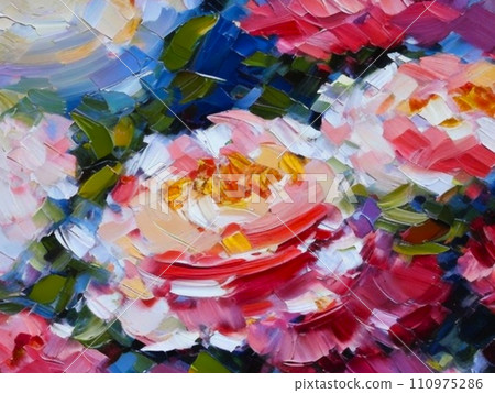 Oil flowers. Beautiful delicate feminine colored spring or summer flowers close-up, generated by AI. Bouquet of flowers. Flowers in a flowerbed. Postcard, congratulations to woman. Peonies and roses 110975286