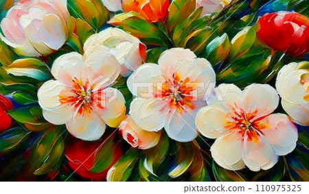 Oil flowers. Beautiful delicate feminine multi-colored spring or summer flowers close-up, generated by AI. Bouquet of flowers. Flowers in a flowerbed. Postcard, congratulations to a woman 110975325