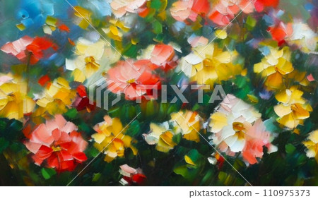 Oil flowers. Beautiful delicate feminine multi-colored spring or summer flowers close-up, generated by AI. Bouquet of flowers. Flowers in a flowerbed. Postcard, congratulations to a woman 110975373