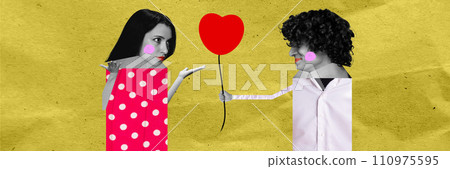 Young man giving to girl a heart flower, but woman spreading hands in misunderstanding. Just friends. Contemporary art collage. 110975595