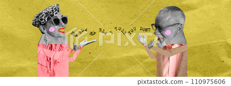 Misunderstanding among couple. Senior woman talking to her husband, man talking to woman. Contemporary art collage. 110975606